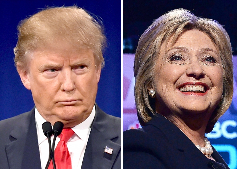  In this combination of file photos shows, Republican presidential hopeful Donald Trump on January 14, 2016 and his Democratic rival Hillary Clinton on February 4, 2016.   Donald Trump and Hillary Clinton took a big leap toward clinching their parties' nomination for the US presidential election, soundly defeating rivals in a slew of Super Tuesday primaries on March 1, 2016. / AFP / DSK  