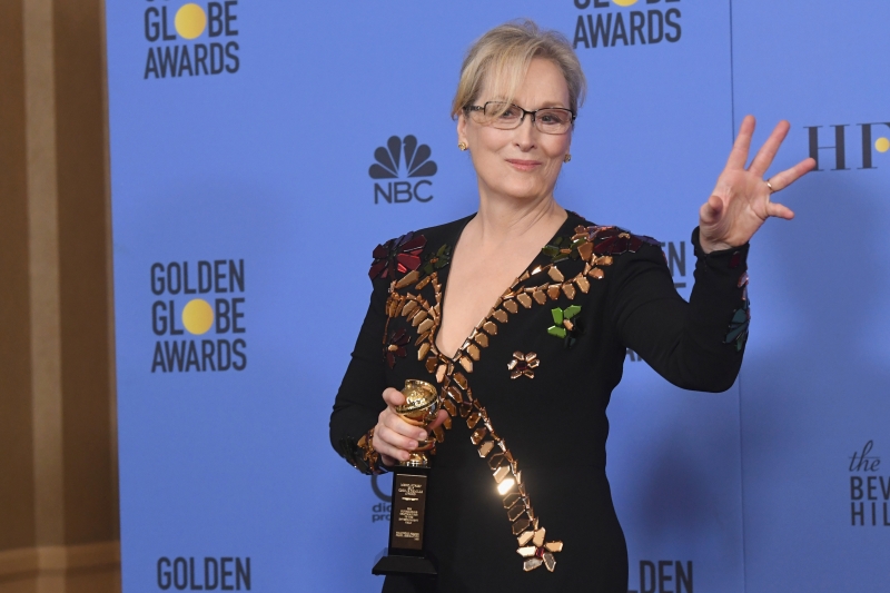 BEVERLY HILLS, CA - JANUARY 08: Actress Meryl Streep, recipient of the Cecil B. DeMille Award, poses in the press room during the 74th Annual Golden Globe Awards at The Beverly Hilton Hotel on January 8, 2017 in Beverly Hills, California.   Kevin Winter/Getty Images/AFP
      Caption