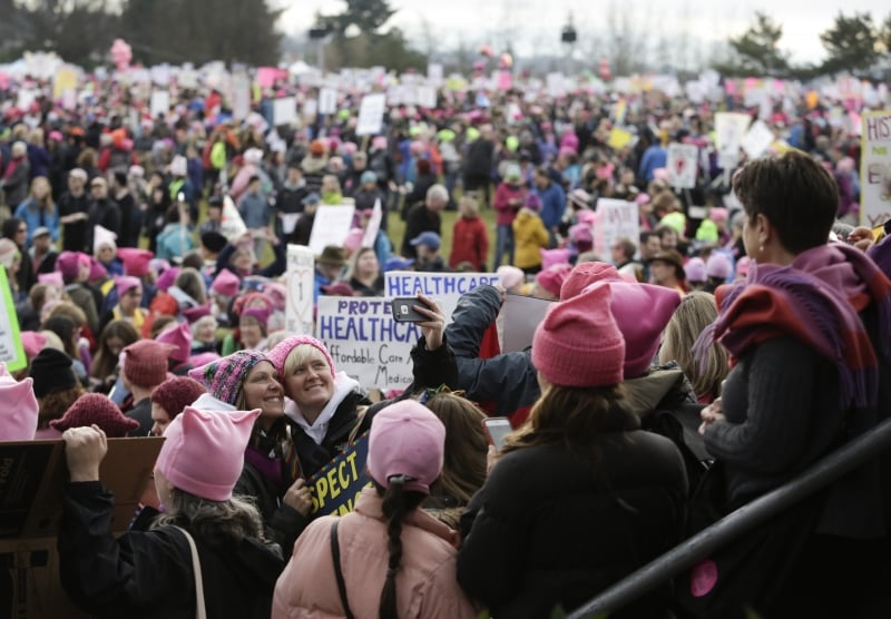 People gather at Judkins Park during the Women's March in Seattle, Washington, on January 21, 2017. 
Led by women in pink 