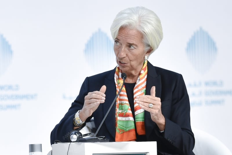 International Monetary Fund Managing Director Christine Lagarde speaks during an open discussion at the World Government Summit 2017, in Dubai's Madinat Jumeirah on February 12, 2017.  / AFP PHOTO / STRINGER