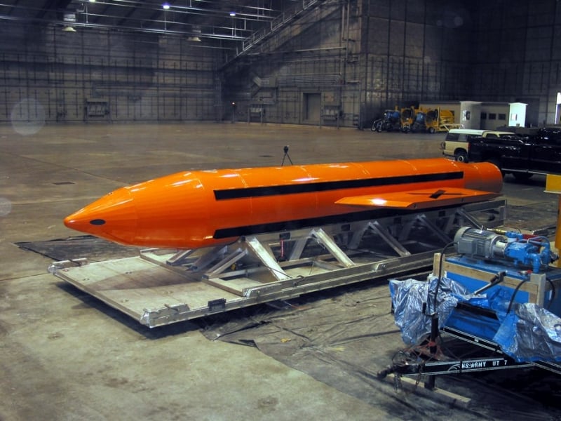 (FILES) Undated file image obtained April 14 , 2017 courtesy of the Department of Defense (DOD) shows the GBU-43/B Massive Ordnance Air Blast bomb prototype in an undisclosed location.
The US military on April 13, 2017 dropped what is considered to be the largest non-nuclear bomb on an Islamic State complex in Afghanistan, the Pentagon said.
The GBU-43/B Massive Ordnance Air Blast bomb hit a "tunnel complex" in Achin district in Nangarhar province, US Forces Afghanistan said in a statement.
 / AFP PHOTO / Department of Defence / Handout / RESTRICTED TO EDITORIAL USE - MANDATORY CREDIT "AFP PHOTO / Department of Defense" - NO MARKETING NO ADVERTISING CAMPAIGNS - DISTRIBUTED AS A SERVICE TO CLIENTS == NO ARCHIVE