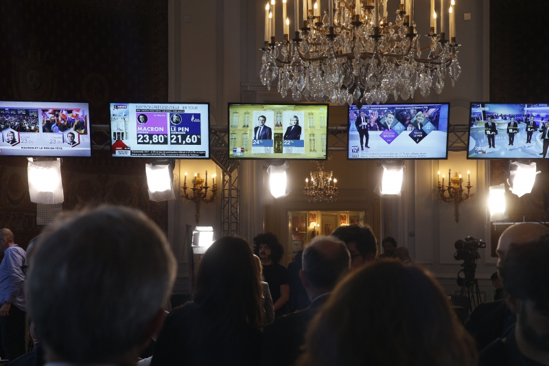 People look at TV screens displaying the results of the first round of the presidential election, on April 23, 2017, at the interior ministry in Paris.
Centrist Emmanuel Macron and far-right leader Marine Le Pen will contest the second round of the French presidential election, initial projections suggested on April 23, after a nailbiting vote seen as vital for the future of the EU. / AFP PHOTO / GEOFFROY VAN DER HASSELT