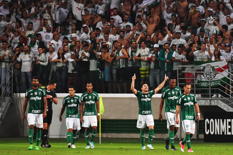 Willian (C) of Brazil's Palmeiras celebrates with teammates his goal against Argentina's Atletico Tucuman during their 2017 Copa Libertadores football match held at Allianz Parque stadium, in S�o Paulo, Brazil on May 24, 2017.