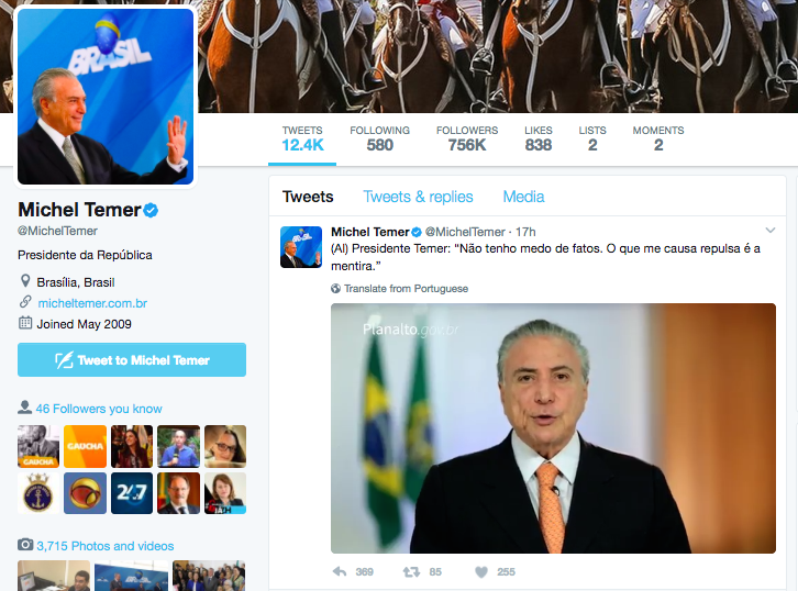Pronunciamento de Michel Temer em vídeo postado no Twitter. Temer, Lula e Aécio são os mais cotados nas redes sociais após a divulgação da Lista de Fachin