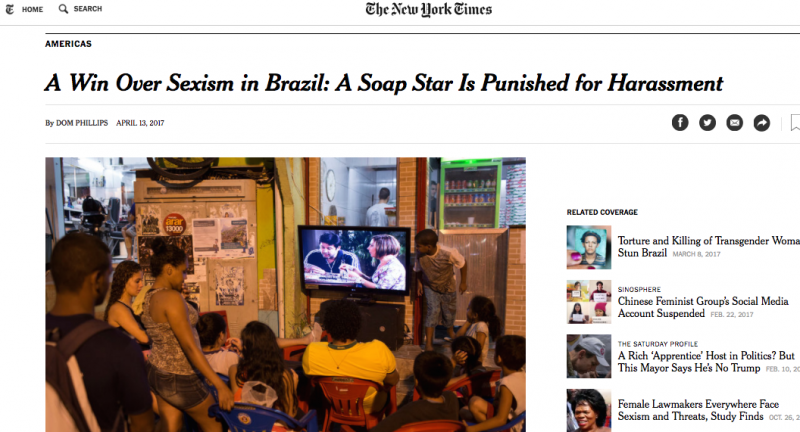 Reportagem do jornal New York Times NYT fala do caso de assédio do ato Jose Mayer, na TV Globo.